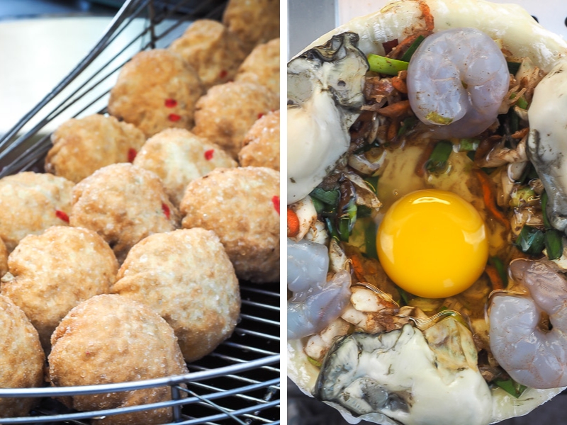 Left side shows deep fried oyster balls on a rack. Left side shows one of those balls opened up, before being cooked, with a raw egg in the middle