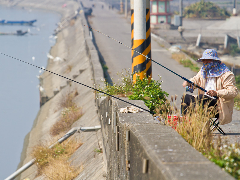 An elderly Taiwanese woman fishing over a cement side of a fish farm