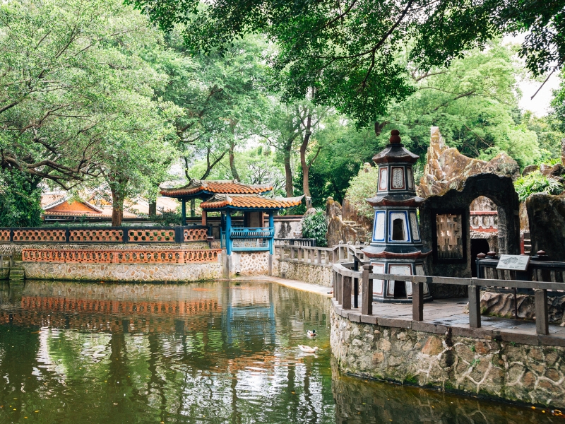 A traditional Chinese pond and walkway around it