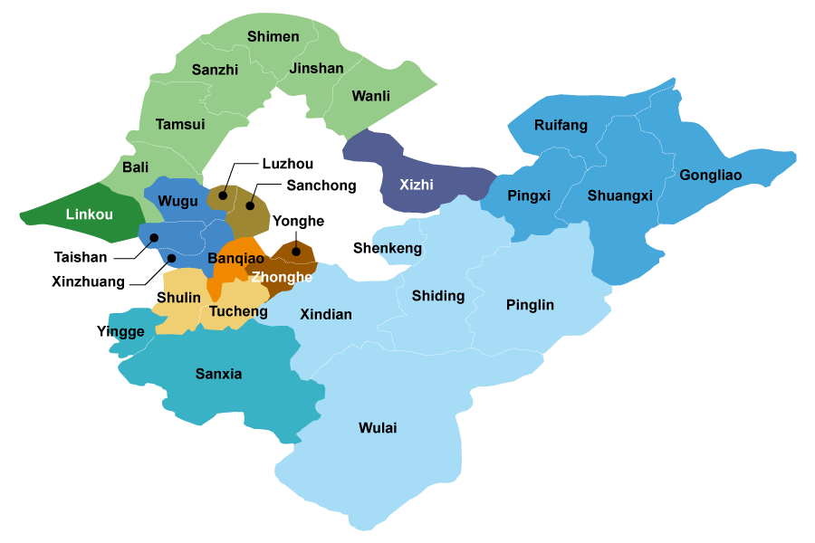 A map showing the 29 districts of New Taipei City all labeled and with different colors