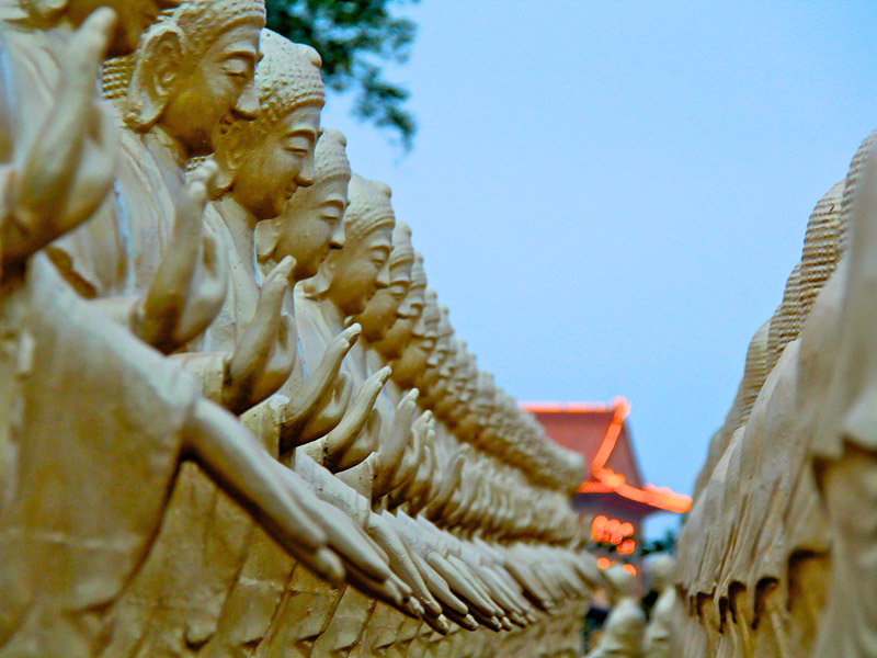 A row of Buddha statues holding up their hands in prayer