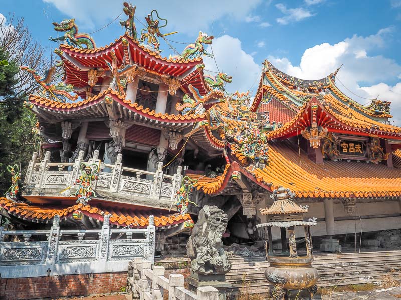 A traditional Taiwanese temple that has been severely damaged by an earthquake