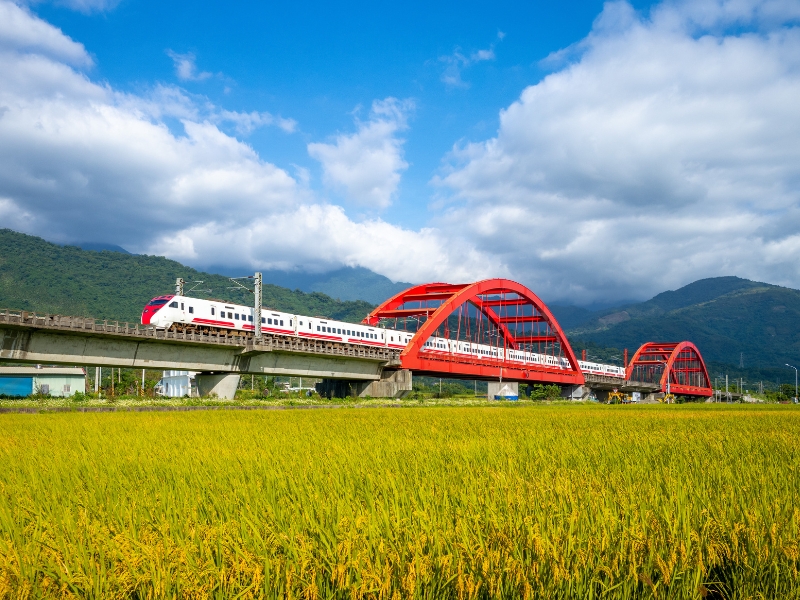 A white and red express train crosses a red arched bridge above a rice paddy in Hualien