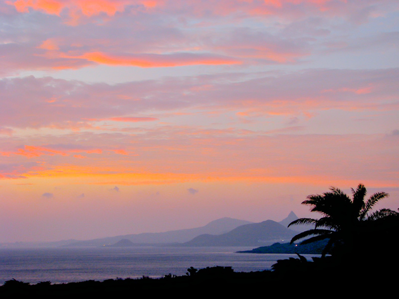 A long view of a coast with some mountains along the sea and palm trees in the foreground, and orange/purple sky at sunset