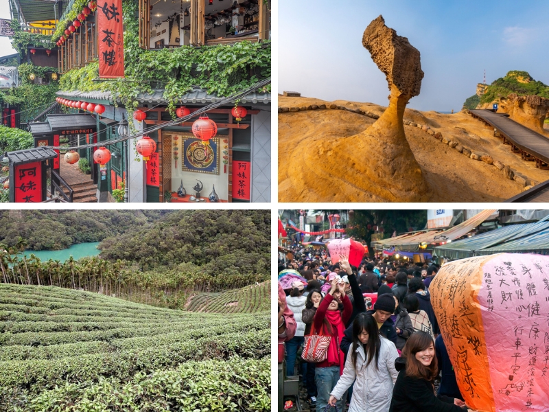 A collage of famous places in New Taipei City, Taiwan, like Jiufen, Yehliu, Shifen, and Pinglin