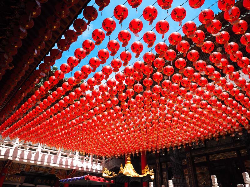 A canopy of red lanterns in Sanfeng Temple's courtyard
