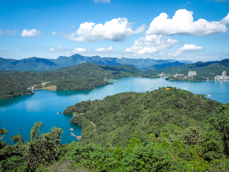 Aerial view of Sun Moon Lake surrounded by forests