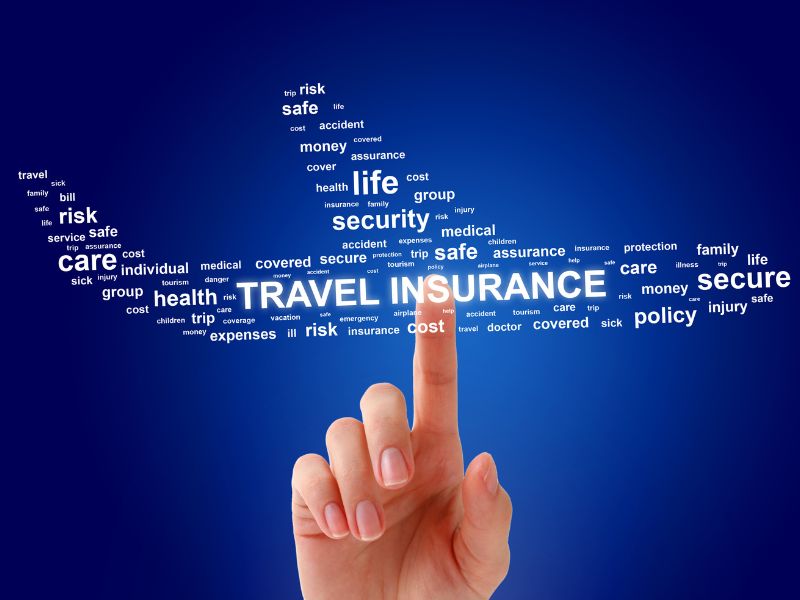 A hand pointing up to a cluster of English words shaped like an airplane, with the words "Travel Insurance" the largest
