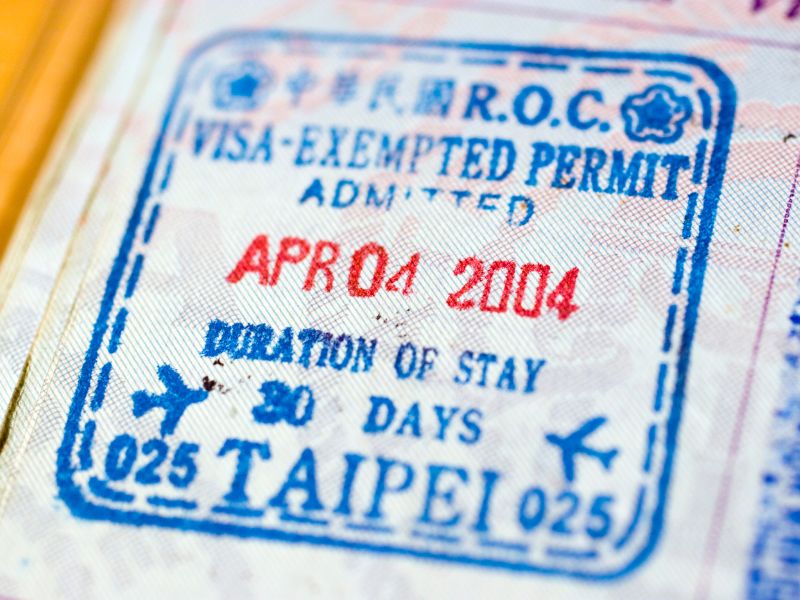 A stamp in someone's passport that says "Visa Exempted Permit Apr 2004 Taipei"