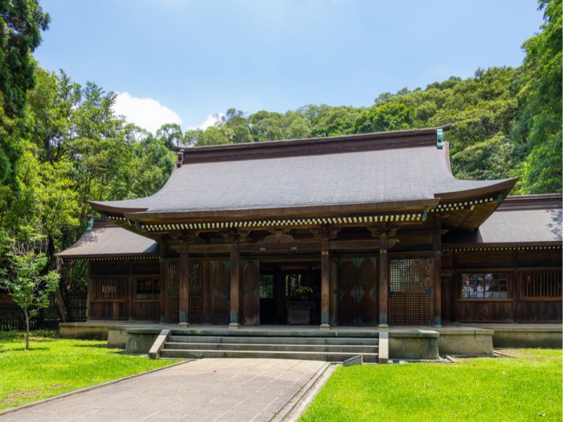 A restored wooden Japanese shinto shrine in Taoyuan