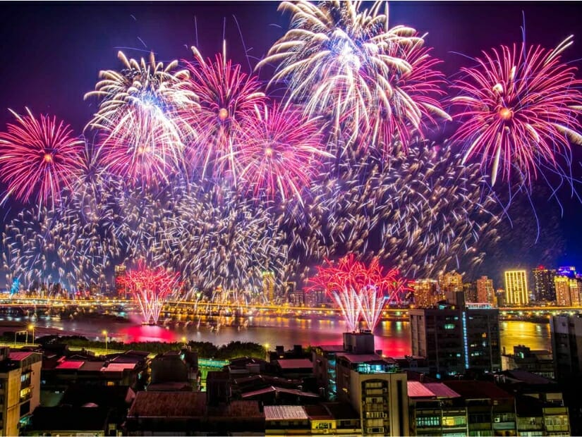 Fireworks exploding above Taipei City