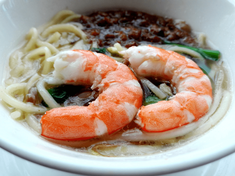 Danzai Noodles with shrimp on top, a common Southern Taiwanese food specialty