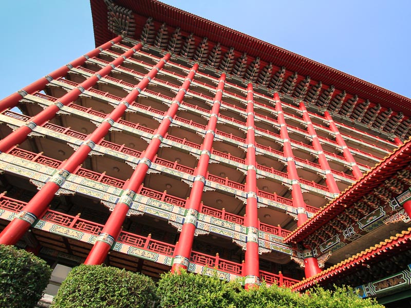 Looking up at the classical Chinese style red Grand Hotel building in Taipei