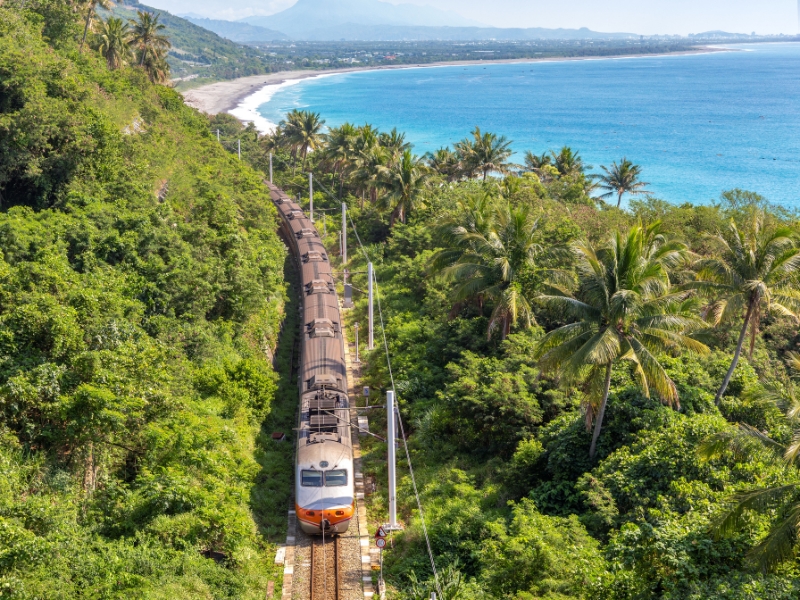 Aerial view of a train running through trees with a beach and coastline in the background