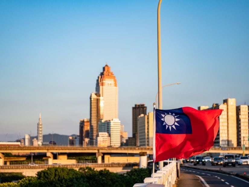 A Taiwan flag on a bridge in Taipei