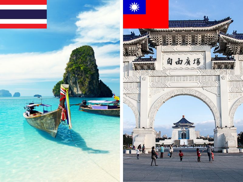 An image of Thailand on the left with Thai flag and Taiwan on the right with Taiwanese flag
