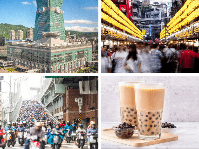 Some things Taiwan is known for, like bubble tea, Taipei 101, night markets, and scooters