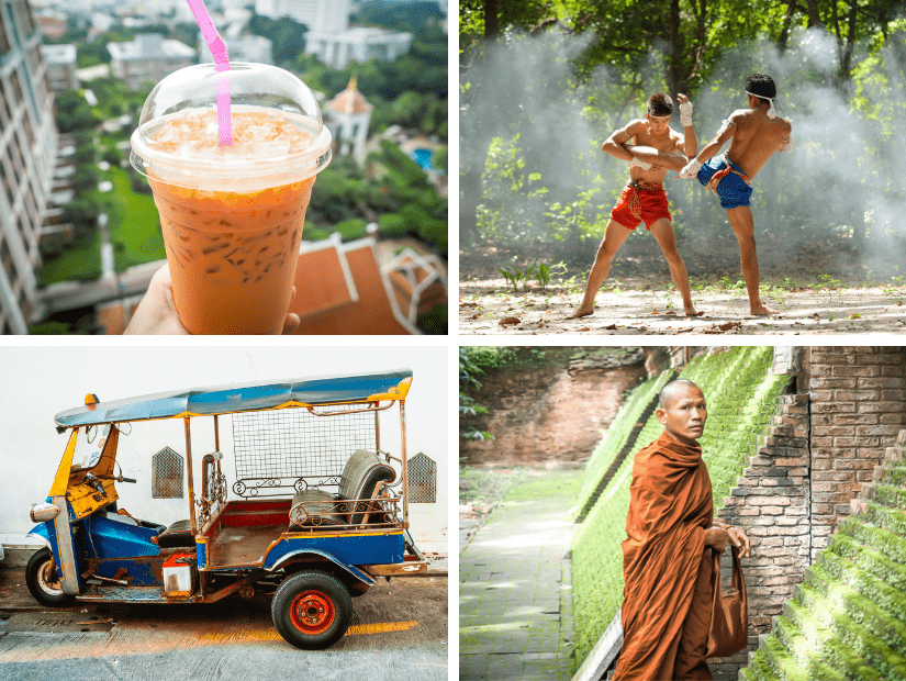 Some things that Thailand is known for, like a tuk tuk, Thai iced tea, muay thai, and a monk