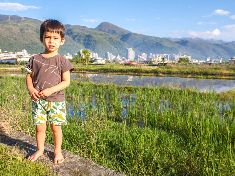 A young boy standing barefoot beside a rice paddy in Yilan with a town and mountains in backgroun